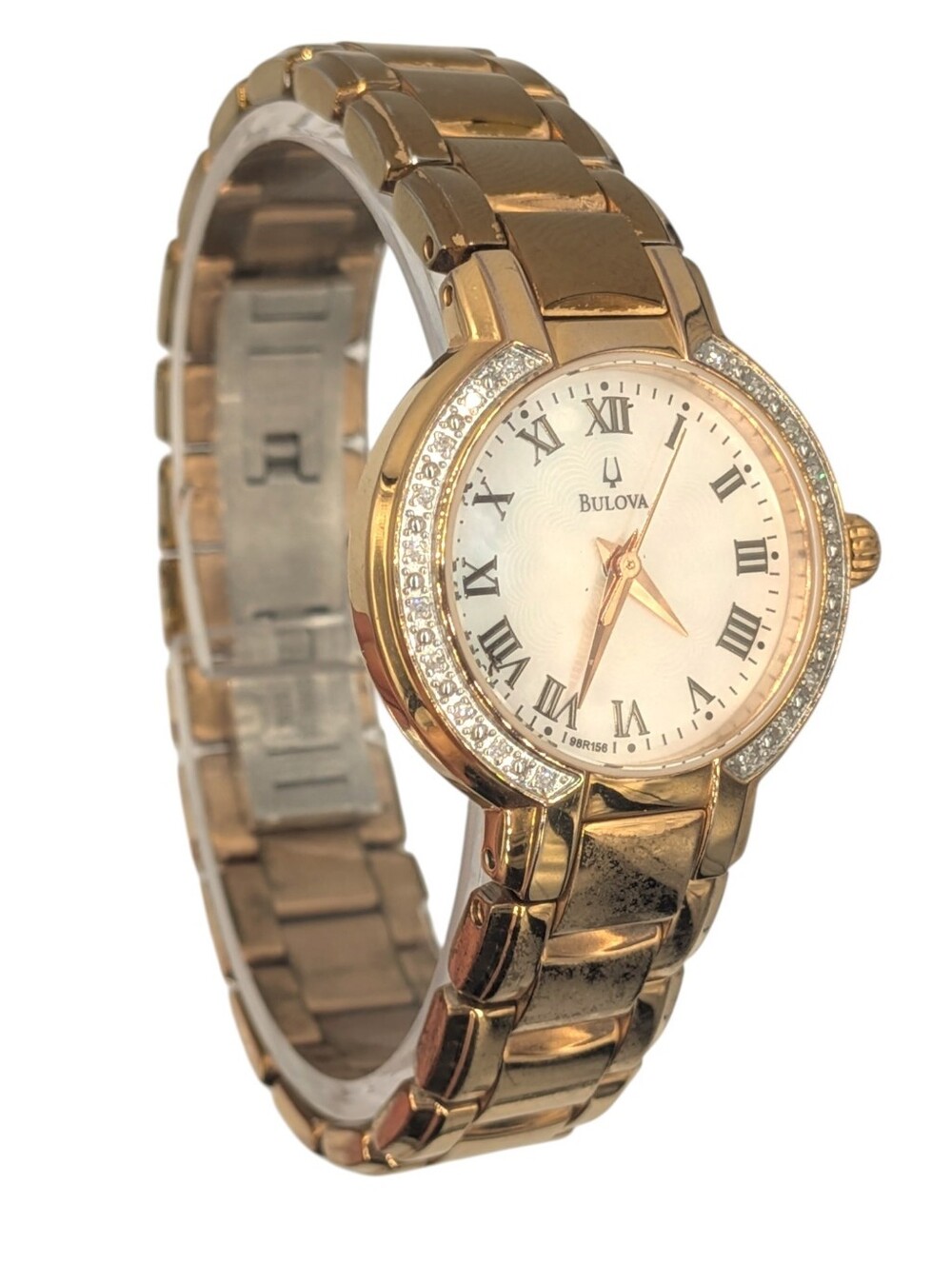 Bulova Diamond Bezel Watch Women 6.5" Rose Gold Excellent Mother of Pearl 98R156